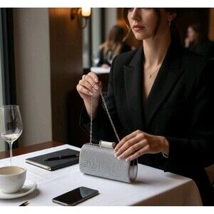 Jessica McClintock Silver Evening Bag Clutch Chain Shoulder Snap Closure Formal